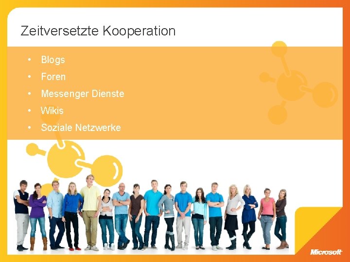 Zeitversetzte Kooperation • Blogs • Foren • Messenger Dienste • Wikis • Soziale Netzwerke Zeitversetzte Kooperation • Blogs • Foren • Messenger Dienste • Wikis • Soziale Netzwerke
