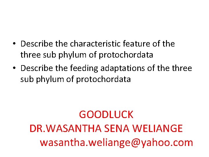  • Describe the characteristic feature of the three sub phylum of protochordata •