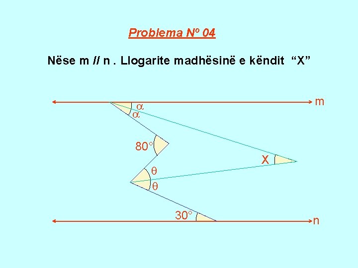 Problema Nº 04 Nëse m // n. Llogarite madhësinë e këndit “X” m 80°