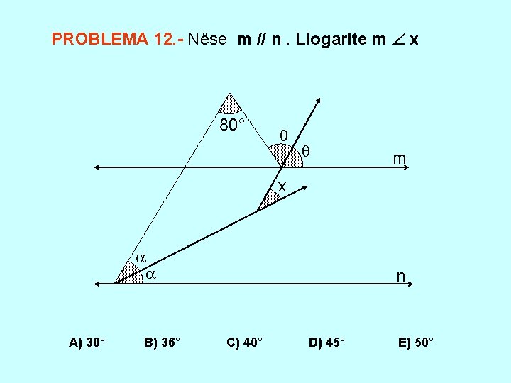 PROBLEMA 12. - Nëse m // n. Llogarite m x 80° m x A)