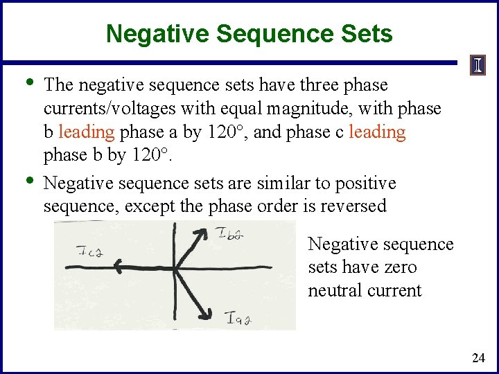 Negative Sequence Sets • • The negative sequence sets have three phase currents/voltages with