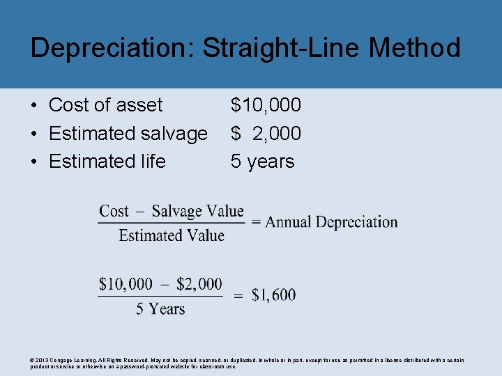 Depreciation: Straight-Line Method • Cost of asset • Estimated salvage • Estimated life $10,
