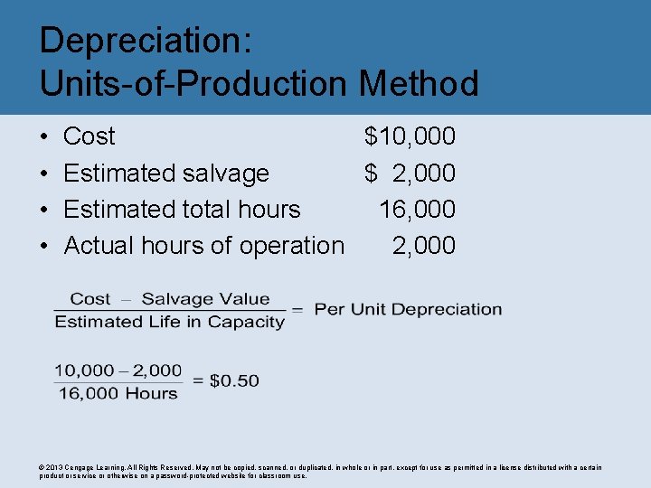 Depreciation: Units-of-Production Method • • Cost $10, 000 Estimated salvage $ 2, 000 Estimated
