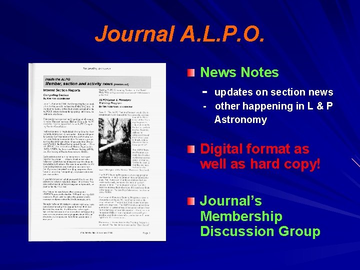 Journal A. L. P. O. News Notes - updates on section news - other