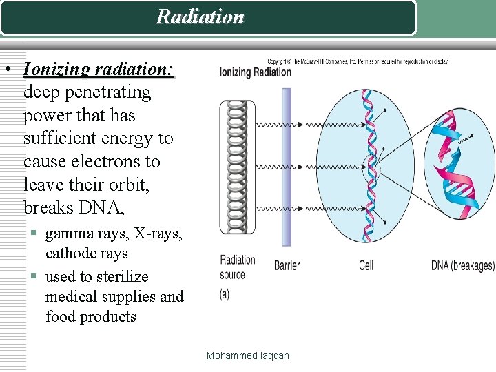 Radiation • Ionizing radiation: deep penetrating power that has sufficient energy to cause electrons