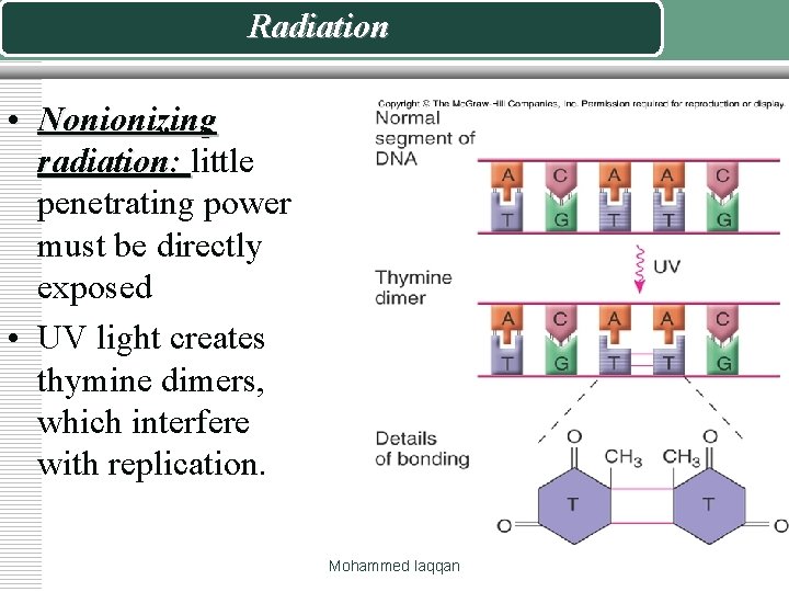Radiation • Nonionizing radiation: little penetrating power must be directly exposed • UV light