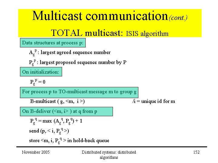 Multicast communication(cont. ) TOTAL multicast: ISIS algorithm Data structures at process p: Agp : Multicast communication(cont. ) TOTAL multicast: ISIS algorithm Data structures at process p: Agp :