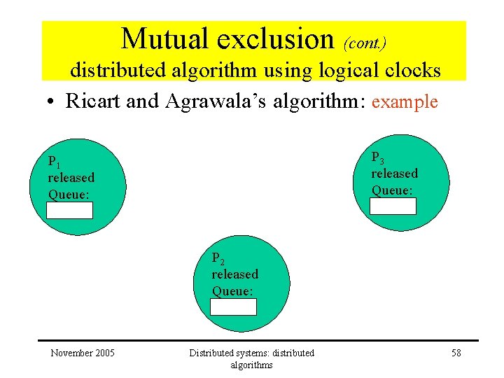 Mutual exclusion (cont. ) distributed algorithm using logical clocks • Ricart and Agrawala’s algorithm: Mutual exclusion (cont. ) distributed algorithm using logical clocks • Ricart and Agrawala’s algorithm:
