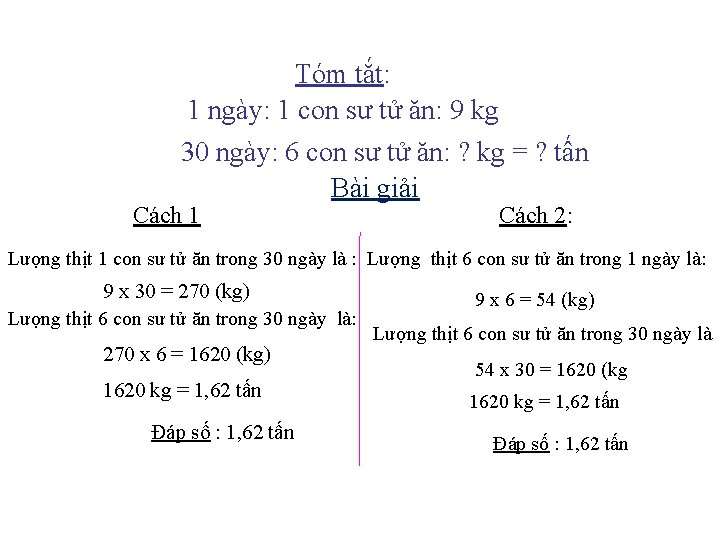Tóm tắt: 1 ngày: 1 con sư tử ăn: 9 kg 30 ngày: 6