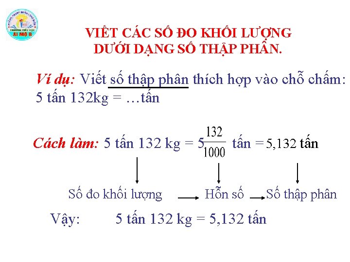 VIẾT CÁC SỐ ĐO KHỐI LƯỢNG DƯỚI DẠNG SỐ THẬP PH N. Ví dụ: