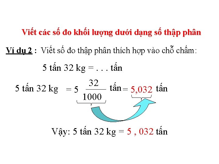 Viết các số đo khối lượng dưới dạng số thập phân Ví dụ 2