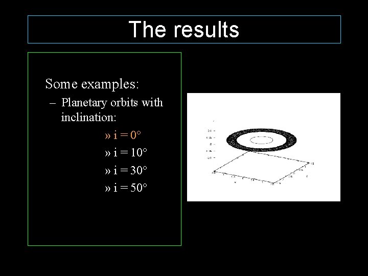 The results Some examples: – Planetary orbits with inclination: » i = 0° »