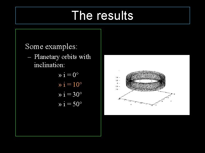 The results Some examples: – Planetary orbits with inclination: » i = 0° »