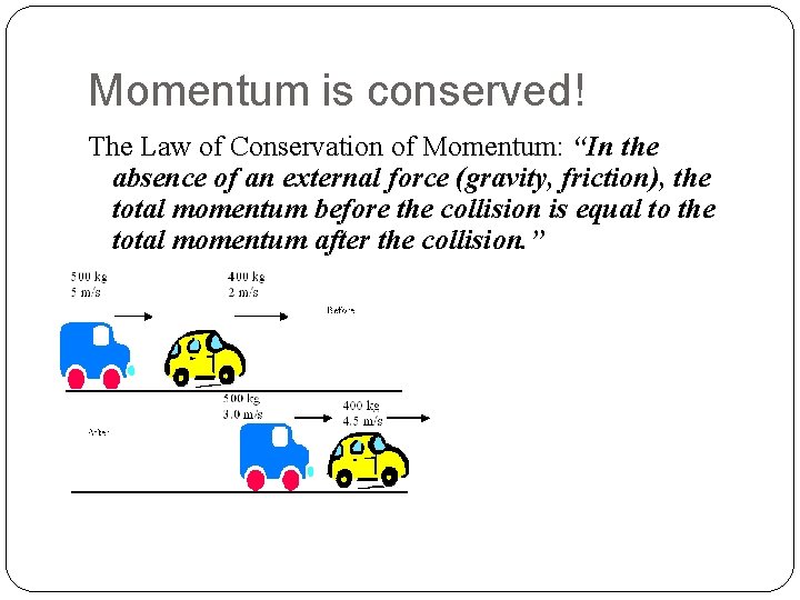 Momentum is conserved! The Law of Conservation of Momentum: “In the absence of an