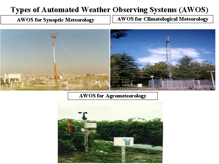 Types of Automated Weather Observing Systems (AWOS) AWOS for Synoptic Meteorology AWOS for Climatological