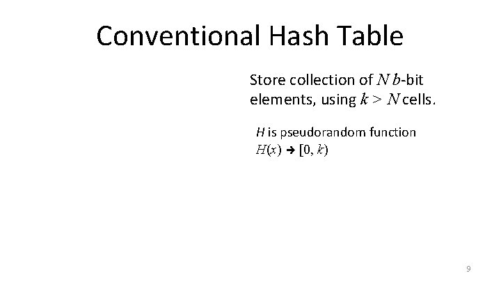 Conventional Hash Table Store collection of N b-bit elements, using k > N cells.