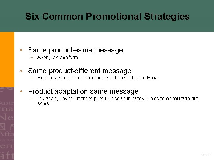 Six Common Promotional Strategies • Same product-same message – Avon, Maidenform • Same product-different