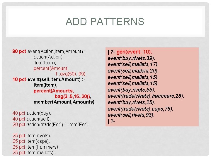 ADD PATTERNS 90 pct event(Action, Item, Amount) : action(Action), item(Item), percent(Amount, 1. . avg(50).