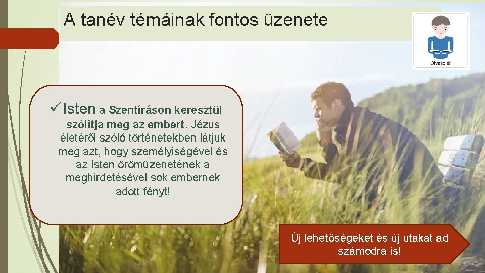 A tanév témáinak fontos üzenete ü Isten a Szentíráson keresztül szólítja meg az embert. A tanév témáinak fontos üzenete ü Isten a Szentíráson keresztül szólítja meg az embert.
