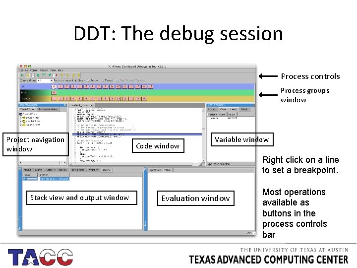 DDT: The debug session Process controls Process groups window Project navigation window Code window