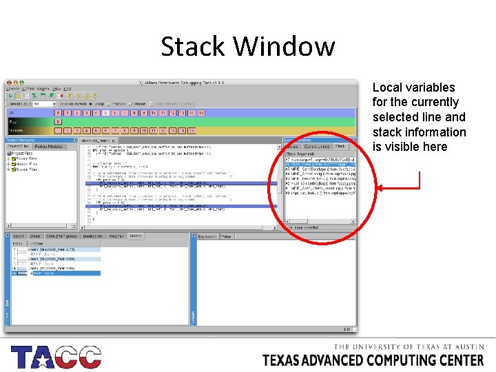 Stack Window Local variables for the currently selected line and stack information is visible
