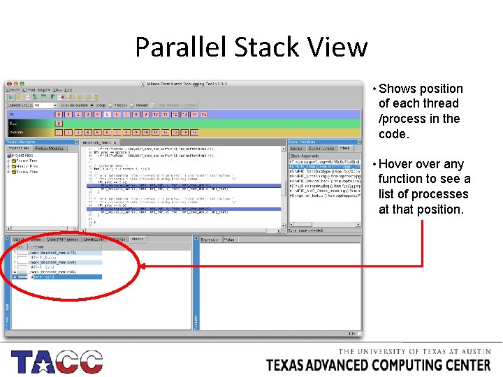 Parallel Stack View • Shows position of each thread /process in the code. •