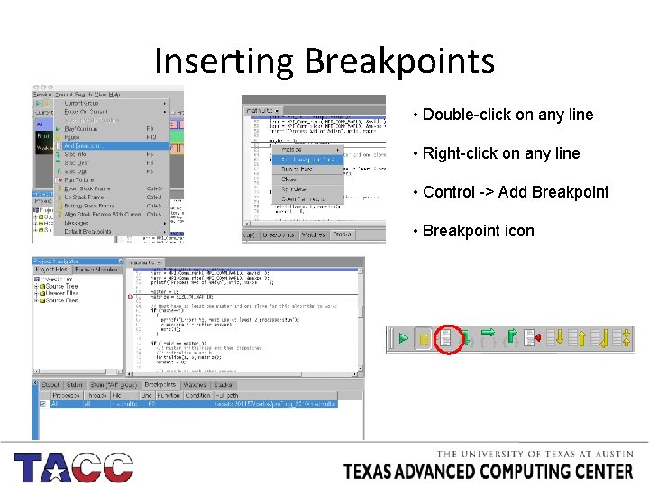 Inserting Breakpoints • Double-click on any line • Right-click on any line • Control