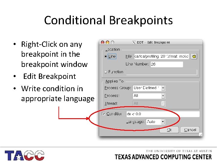 Conditional Breakpoints • Right-Click on any breakpoint in the breakpoint window • Edit Breakpoint