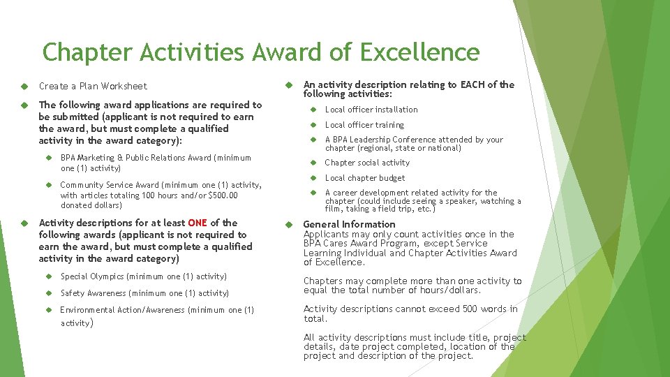 Chapter Activities Award of Excellence Create a Plan Worksheet The following award applications are