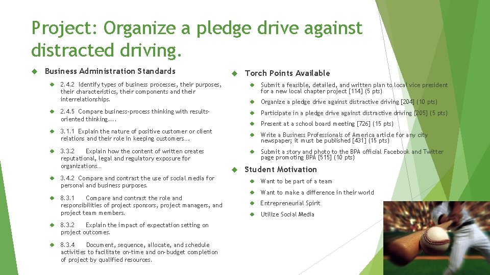 Project: Organize a pledge drive against distracted driving. Business Administration Standards Torch Points Available