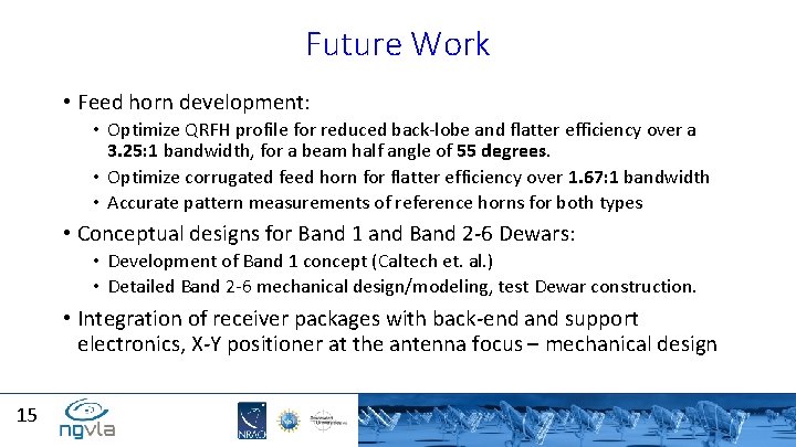 Future Work • Feed horn development: • Optimize QRFH profile for reduced back-lobe and