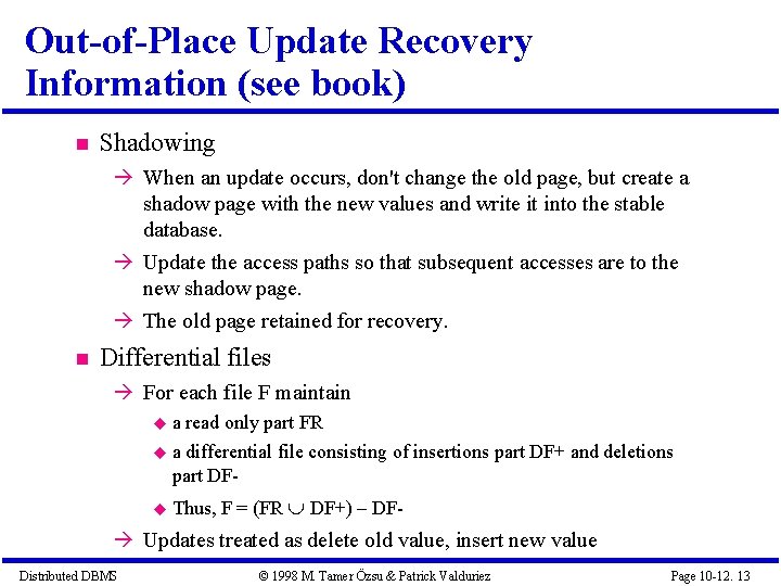 Out-of-Place Update Recovery Information (see book) Shadowing When an update occurs, don't change the