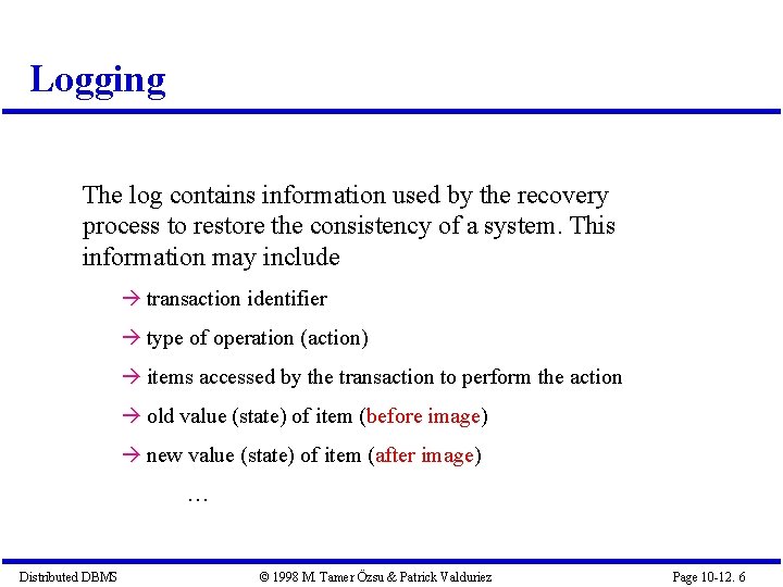 Logging The log contains information used by the recovery process to restore the consistency