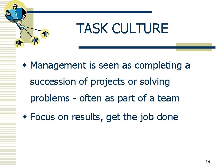 TASK CULTURE w Management is seen as completing a succession of projects or solving