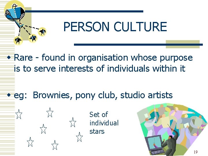 PERSON CULTURE w Rare - found in organisation whose purpose is to serve interests