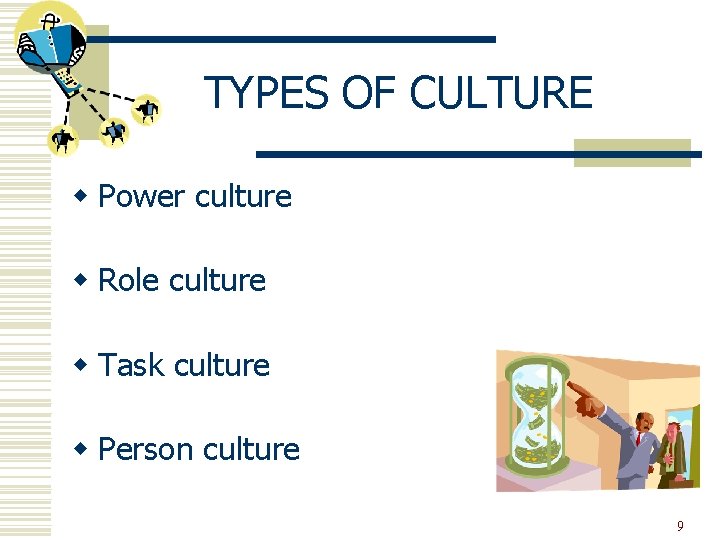 TYPES OF CULTURE w Power culture w Role culture w Task culture w Person