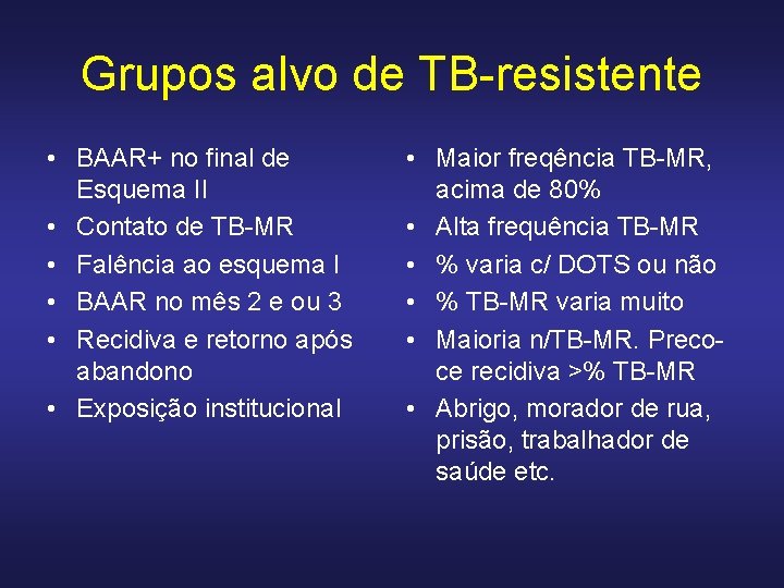 Grupos alvo de TB-resistente • BAAR+ no final de Esquema II • Contato de