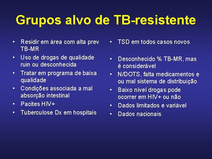 Grupos alvo de TB-resistente • Residir em área com alta prev TB-MR • Uso