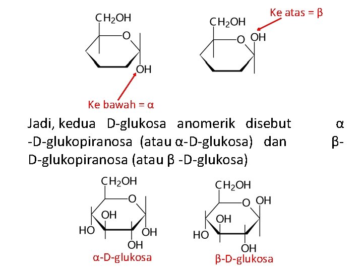 Ke atas = β Ke bawah = α Jadi, kedua D-glukosa anomerik disebut -D-glukopiranosa