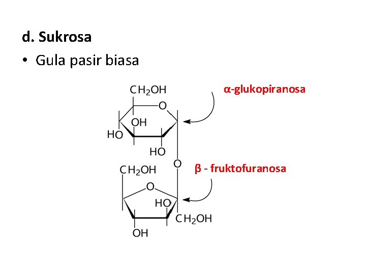 d. Sukrosa • Gula pasir biasa α-glukopiranosa β - fruktofuranosa 
