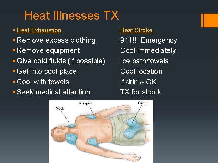 Heat Illnesses TX § Heat Exhaustion Heat Stroke § Remove excess clothing § Remove