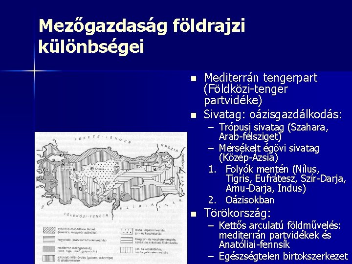 Mezőgazdaság földrajzi különbségei n Mediterrán tengerpart (Földközi-tenger partvidéke) Sivatag: oázisgazdálkodás: n Törökország: n –