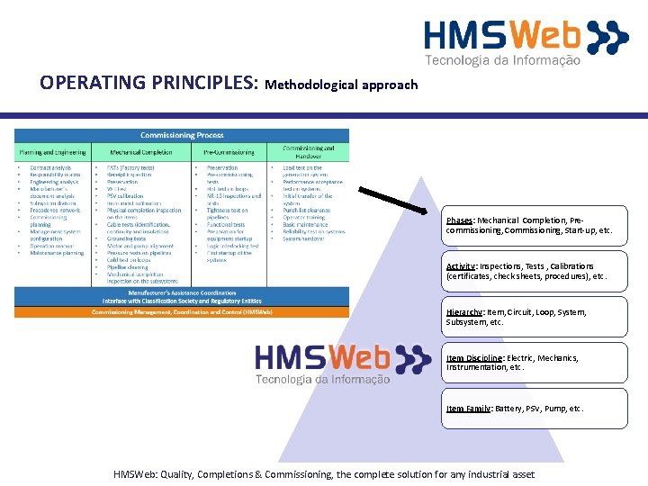 OPERATING PRINCIPLES: Methodological approach Phases: Mechanical Completion, Precommissioning, Commissioning, Start-up, etc. Activity: Inspections, Tests