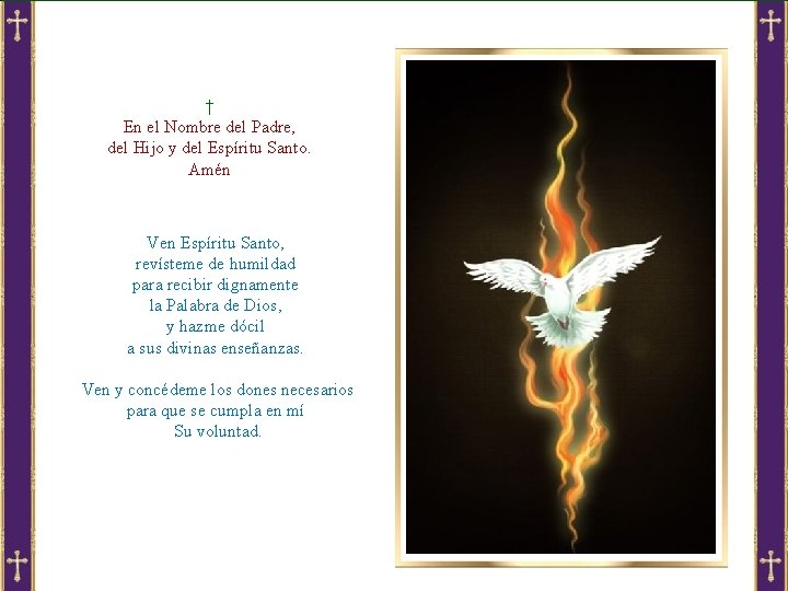 † En el Nombre del Padre, del Hijo y del Espíritu Santo. Amén Ven