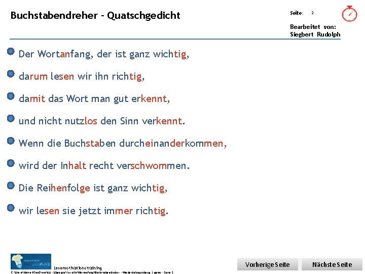 Übungsart: Buchstabendreher - Quatschgedicht Seite: 2 Bearbeitet von: Siegbert Rudolph Der Wortanfang, der ist