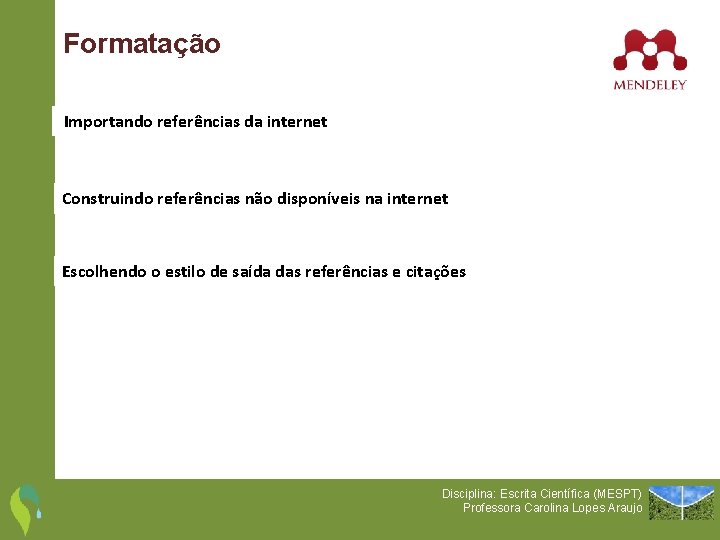 Formatação de trabalhos acadêmicos Formatação Importando referências da internet Construindo referências não disponíveis na