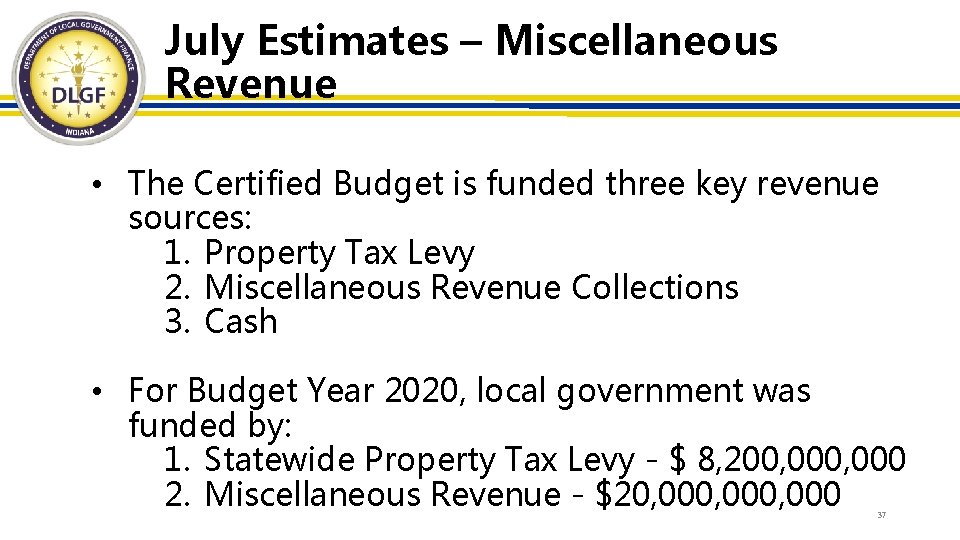 July Estimates – Miscellaneous Revenue • The Certified Budget is funded three key revenue