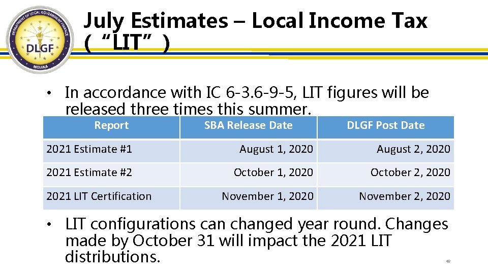 July Estimates – Local Income Tax (“LIT”) • In accordance with IC 6 -3.