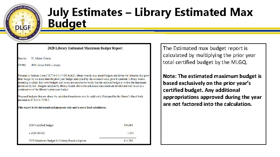 July Estimates – Library Estimated Max Budget The Estimated max budget report is calculated