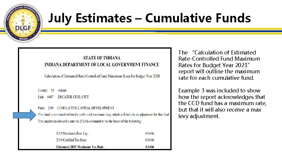 July Estimates – Cumulative Funds The “Calculation of Estimated Rate-Controlled Fund Maximum Rates for